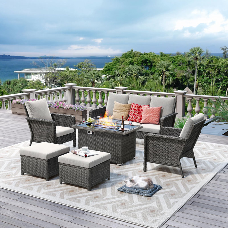 7 Person Rectangular Outdoor Dining Set with Fire Pit Table and Cushions Red Barrel Studio Cushion Color Blue Frame Color Grayish Brown